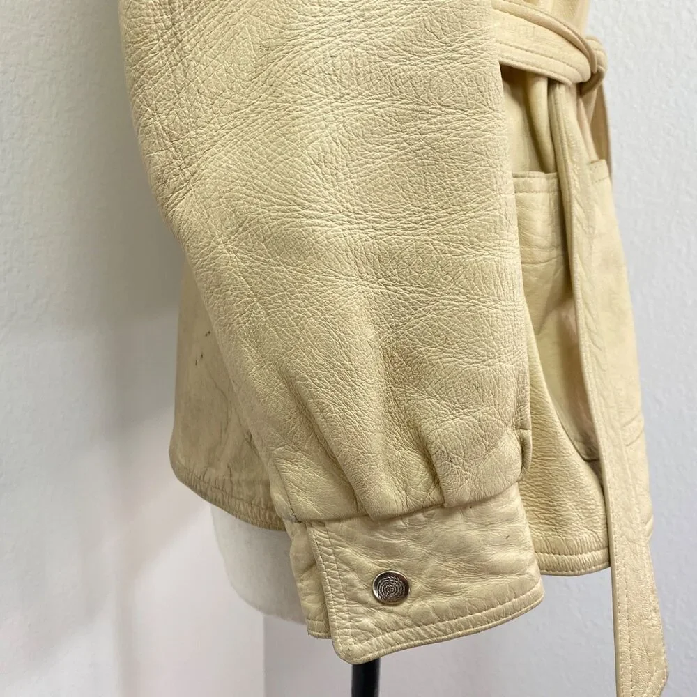 Vintage 70 New England Sportswear Trench Beige Leather Jacket 12 Snap Front Belt